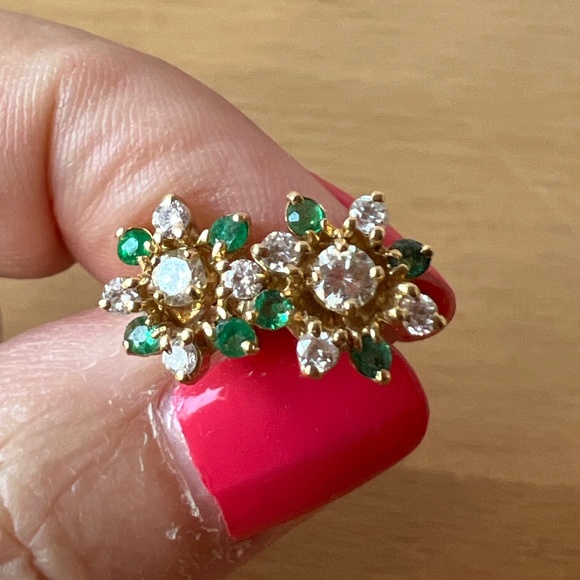 VINTAGE 14K YELLOW GOLD DIAMONDS & EMERALDS STUDS & EARRINGS JACKETS VERSATILE - Picture 4 of 16